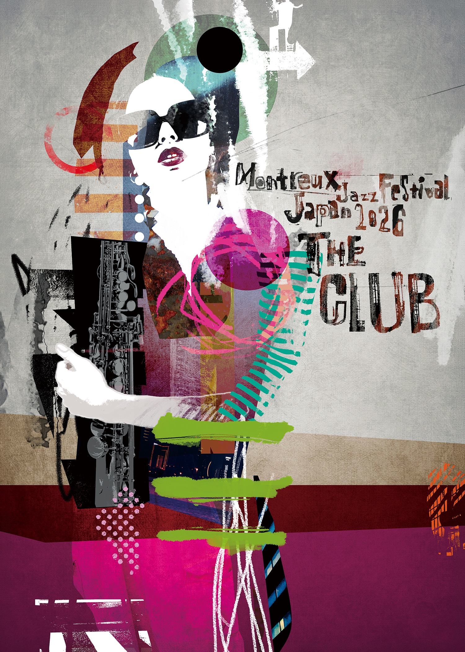 キービジュアル：サングラスの女性とサックスに、手描きの「Montreux Jazz Festival Japan 2026 THE CLUB」を重ねたコラージュ